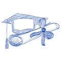 Graduate cap and diploma contour style ballpoint pen Royalty Free Stock Photo