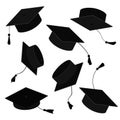 Graduate caps in the air. Vector cartoon illustration of grad hats in different positions isolated on white background Royalty Free Stock Photo