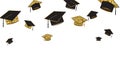 Graduate caps baner, black and gold color on a white background. Graduation hat thrown up Royalty Free Stock Photo