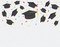 Graduate caps and confetti on a transparent background