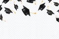 Graduate caps flying. Black academic hats in air. Education isolated vector concept