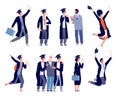 Graduate characters. College students, happy university graduating people. Boy girl with diploma medals, isolated