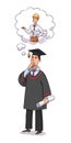 Graduate chooses profession. Young man in graduation form thinking, choosing future career isolated person. Guy will be