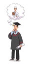 Graduate chooses profession. Young man in graduation form thinking, choosing future career isolated person. Guy will be