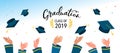 Graduate class of 2019. Caps and confetti on a white background. Hats thrown up, vector illustration, banner design Royalty Free Stock Photo