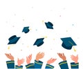 Graduate class of 2019. Caps and confetti on a white background. Hats thrown up, vector illustration, banner design Royalty Free Stock Photo