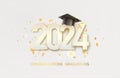 2024 Graduate college, high school or university cap with gold Congrats Class of 2024 background. Vector