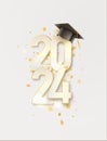 2024 Graduate college, high school or university cap with gold Congrats Class of 2024 background. Vector