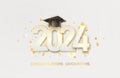 2024 Graduate college, high school or university cap with gold Congrats Class of 2024 background. Vector