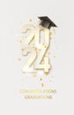 2024 Graduate college, high school or university cap with gold Congrats Class of 2024 background. Vector