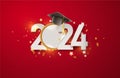 2024 Graduate college red, high school or university cap with gold Congrats Class of 2024 background. Vector