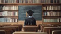 The graduate contemplates future paths while facing a chalkboard in an empty library filled with shelves of books Royalty Free Stock Photo