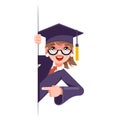 Graduate girl look out corner promotion pointing finger student female cartoon woman character design graduation cap