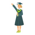 Graduate girl student in mantle holding diploma scroll and raising her hand up. Colorful cartoon illustration Royalty Free Stock Photo