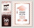 Graduate 2020 greeting cards set in rose gold colors. Three vector grad party invitations. Class of Grad posters. All isolated and