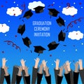 Graduate Hands Throwing Up Graduation Hats. Graduation Background. Graduation Caps in the Air.