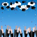 Graduate Hands Throwing Up Graduation Hats. Graduation Background with Place for Text. Graduation Caps in the Air.