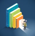 Graduate have diploma roll standing in front of the door of book. Vector isometric illustration