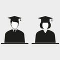 Graduate icon in flat style. man and woman in a black suit with a tie and square academic cap. Royalty Free Stock Photo