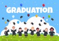 Graduate kids background. Children wearing in academic clothes celebrating graduation day vector illustration