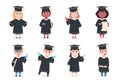 Graduate kids. Kindergarten preschool graduating children in graduation cap with diploma vector cartoon characters