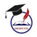 Graduate logo with cap, pen and book, flat image