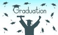 Graduate in mantle and mortarboard on background of throwing square academic cap. Graduation. Vector illustration Royalty Free Stock Photo