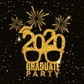 Graduate party 2020 class of greeting card with glasses, hat and fireworks for invitation, banner, poster, postcard. Vector