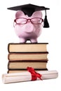 Graduate Piggy Bank student graduation success college diploma vertical Royalty Free Stock Photo