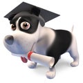 Graduate puppy dog wears his mortar board and holds his diploma scroll, 3d illustration