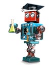 Graduate Retro robot with laboratory glassware. Isolated. Contians clipping path Royalty Free Stock Photo