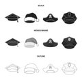 Graduate, santa, police, pirate. Hats set collection icons in black,monochrome,outline style vector symbol stock