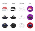 Graduate, santa, police, pirate. Hats set collection icons in cartoon,black,outline,flat style vector symbol stock