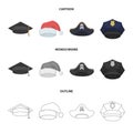 Graduate, santa, police, pirate. Hats set collection icons in cartoon,outline,monochrome style vector symbol stock