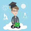 Graduate sitting on cloud vector illustration.