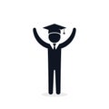 Graduate student boy in square hat raise hands vector icon. Male in mortar hat and graduation academic wear