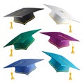 Graduate student caps collection in different colors. Set of 3D realistic graduation hats isolated on white background