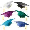Graduate student caps collection in different colors. Set of realistic graduation hats isolated on white background Royalty Free Stock Photo