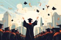 Graduate student in gown throwing graduation caps in the air. Graduation ceremony. Generative ai Royalty Free Stock Photo