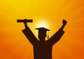 Graduate student in mantle and mortarboard with certificate on background of sunset. Graduation. Vector illustration