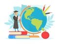 Graduate Student Standing on Pile of Books next to Earth Globe, International Student, Global Education Concept Flat Royalty Free Stock Photo