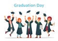 Graduate students. Graduation day of university student, success exam and college group throwing up academic caps vector Royalty Free Stock Photo