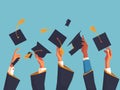 Graduate students hands holding mortarboards and diplomas. illustration in flat style Generative AI