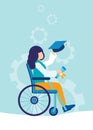 A graduate of a university, school in a wheelchair. A disabled young girl receives a master`s or bachelor`s degree and Royalty Free Stock Photo