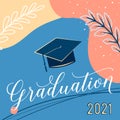 Graduate 2021 vector background, greeting card. Trendy design illustration of congratulation graduation with cap, plant