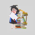 Graduate woman with diploma paper in front of books mountain Royalty Free Stock Photo