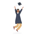 Graduated person celebrating graduation. Happy modern female student joyfully jumping and holding diploma vector Royalty Free Stock Photo