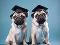 Graduated pugs , two pugs graduated studio Photo, Light Blue Studio background