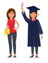 Graduated student girl young woman in cap gown showing holding diploma scroll. Celebrating graduation ceremony concept. Cartoon ve Royalty Free Stock Photo