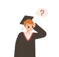 Graduated student thoughtful, boy has question and looking answers. Thinking cartoon flat young character, smart vector Royalty Free Stock Photo